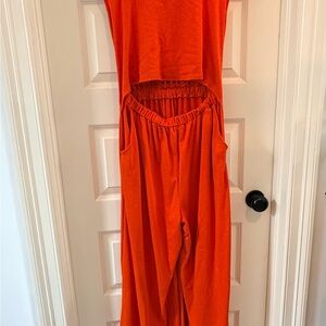 Sleeveless Orange Cutout Jumpsuit with Elastic Waist